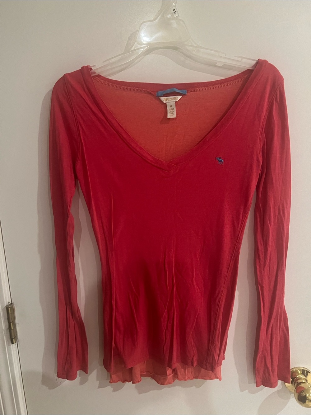 Abercrombie & Fitch Women's Hot Pink Deep V-Neck Long Sleeve Tee